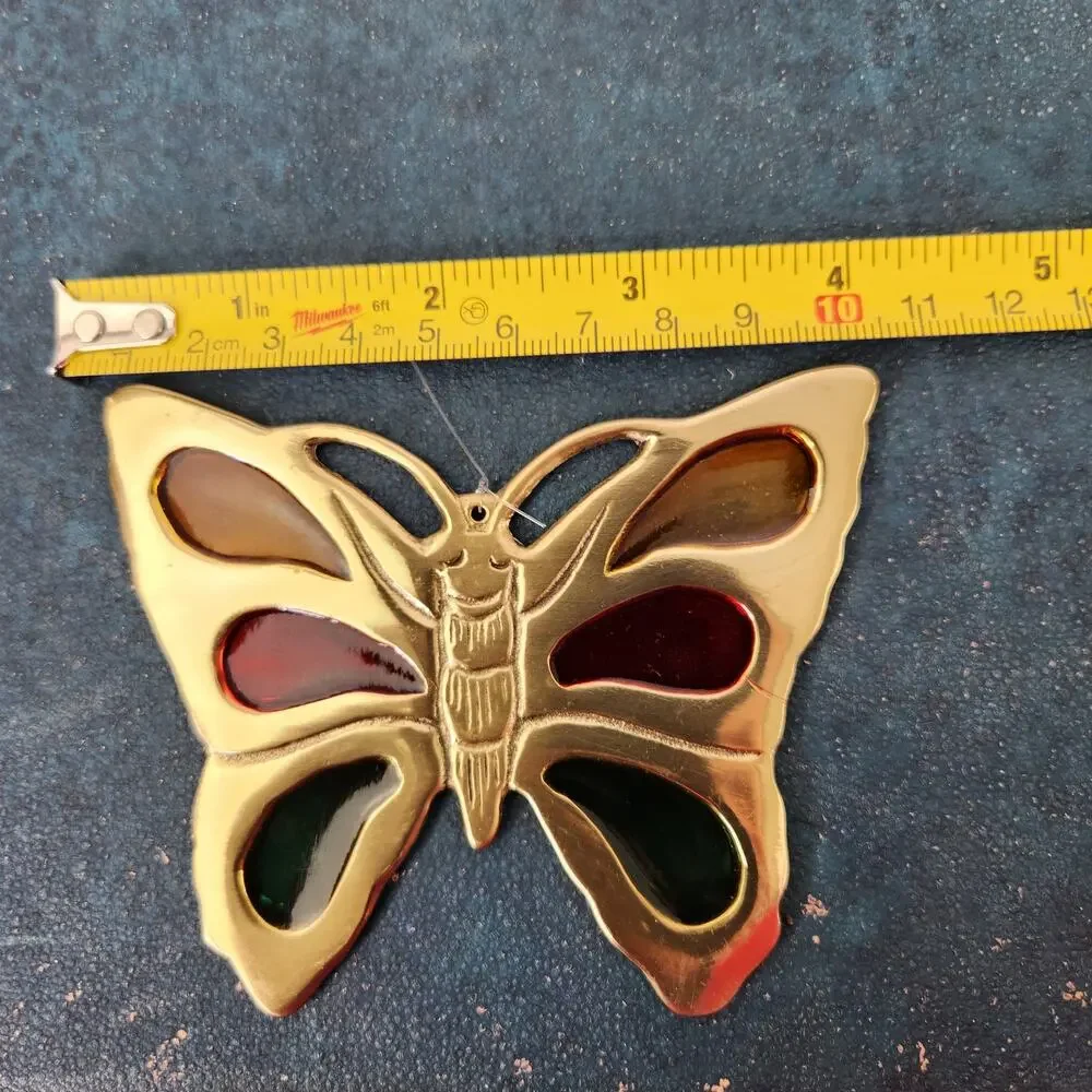 Vintage Brass & Glass Butterfly Suncatcher Hanging Decor Collectible